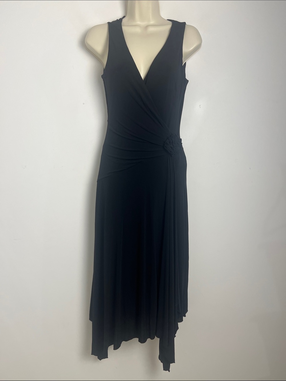 BCBGMaxAzria Small Black Sleeveless Draped Asymmetrical Hem Midi Dress Feminine